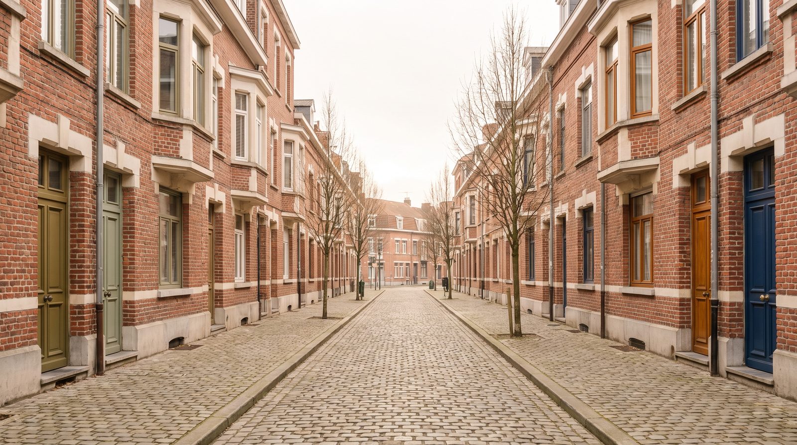 Image générée par IA : rue de maisons de ville en brique rouge