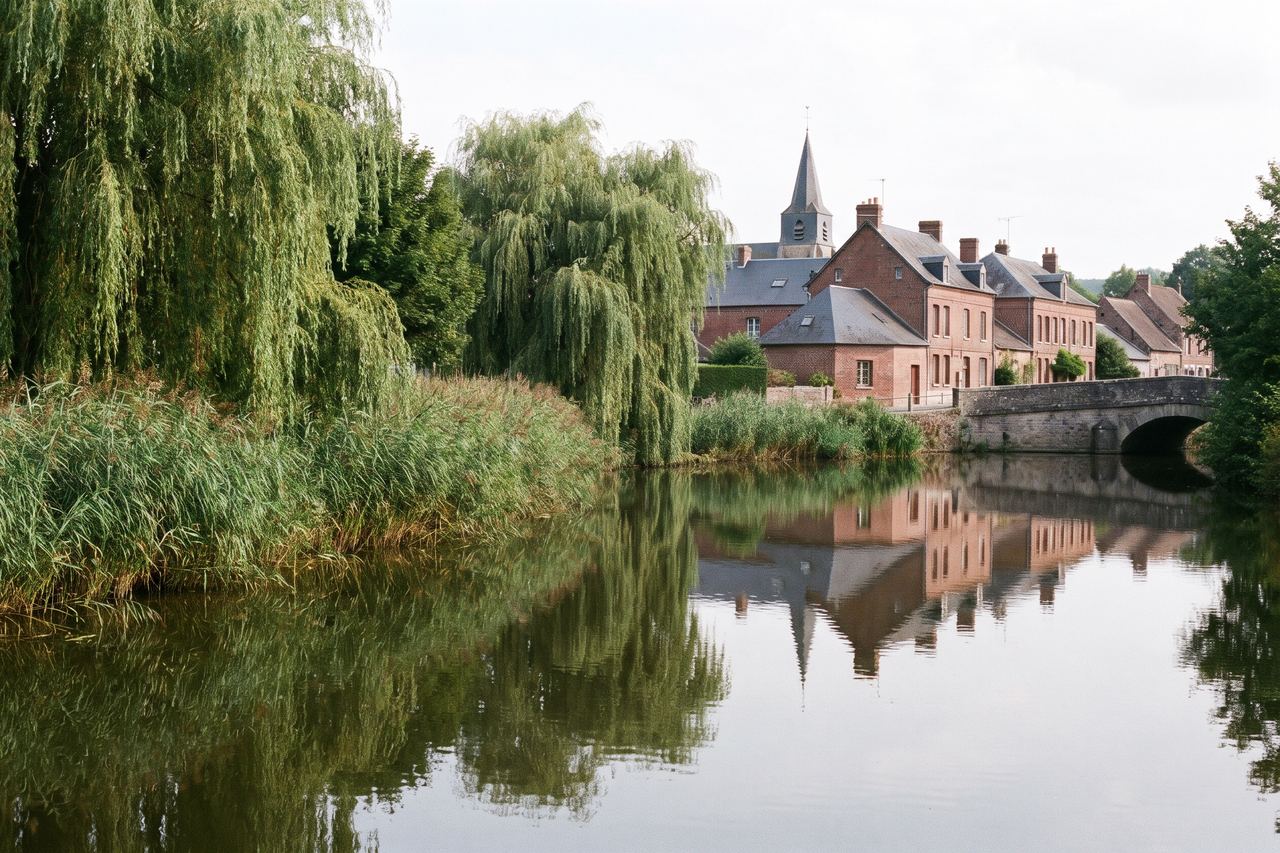 Allennes-les-Marais : village en brique près d’étangs et de roseaux (image générée par IA)