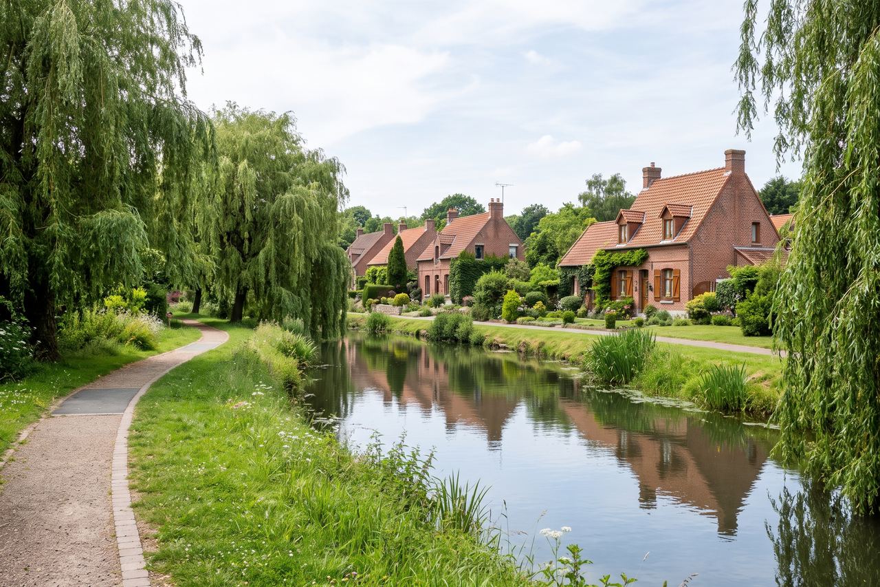 Anstaing : maisons au bord de la Marque, saules et chemins (image générée par IA)