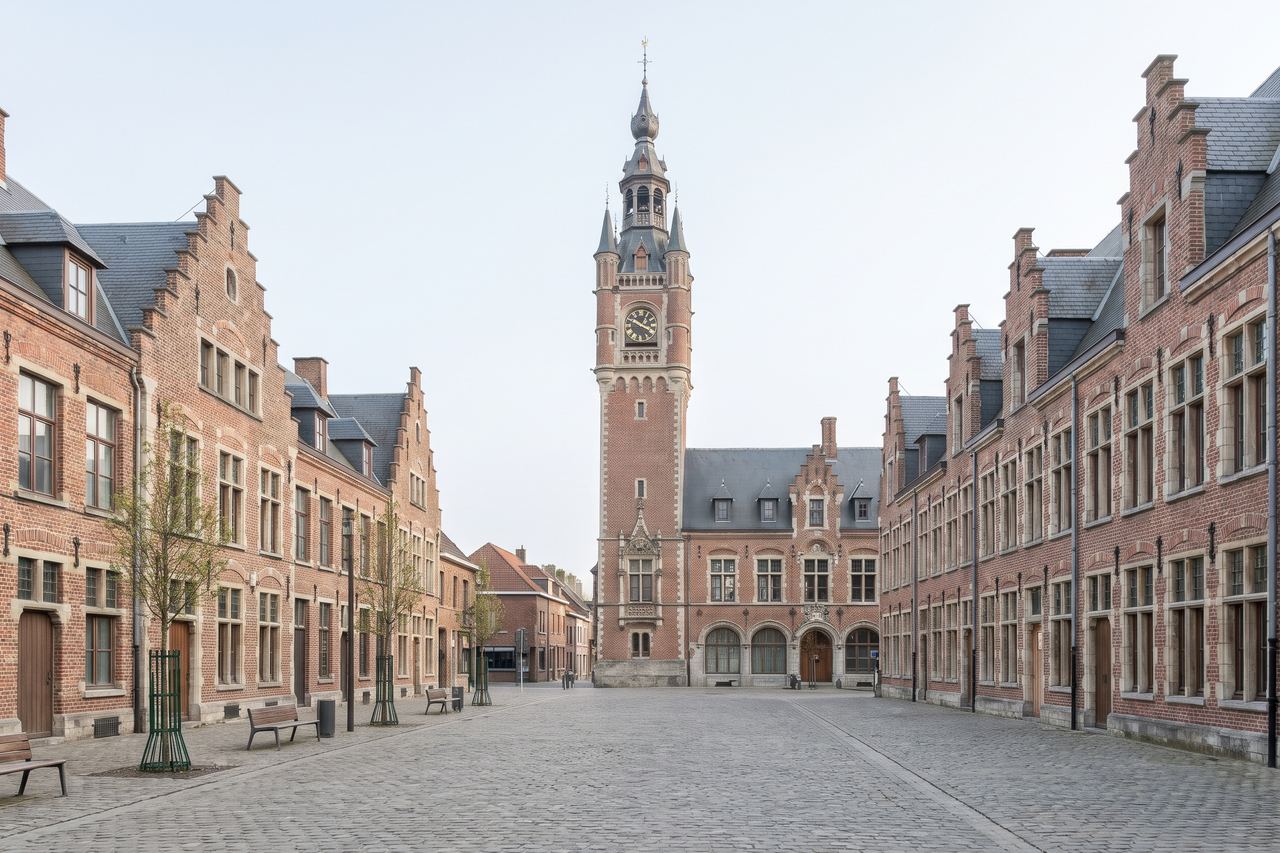Armentières : place aux pignons flamands et beffroi en brique (image générée par IA)