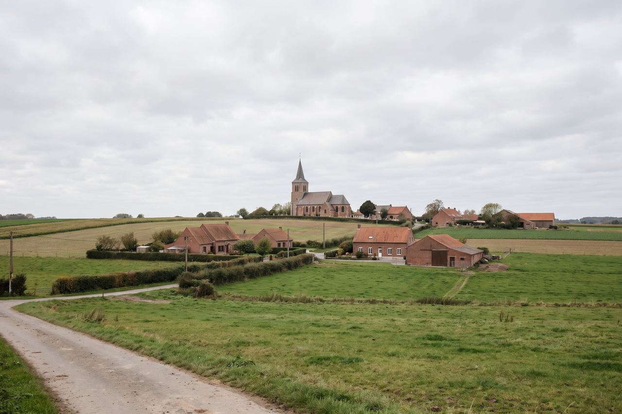 Aubers : crête de champs, église en brique et fermes (image générée par IA)