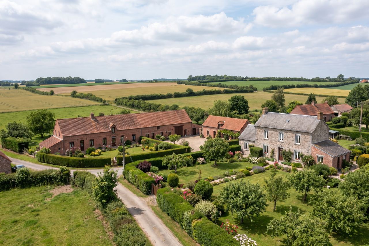 Avelin : fermes et maisons avec grands jardins dans la campagne (image générée par IA)