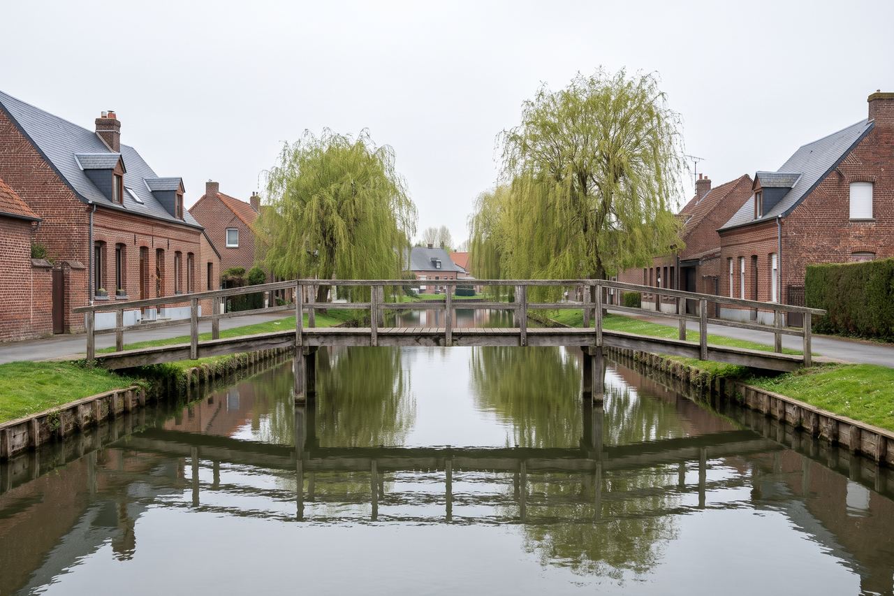 Bauvin : canal, passerelle et maisons en brique (image générée par IA)