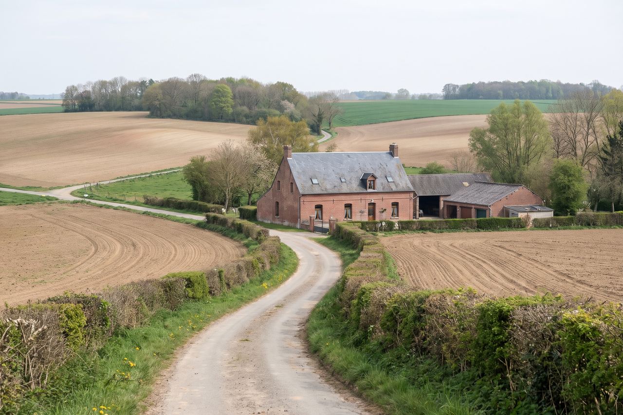 Bersée : campagne pévéloise avec ferme et route sinueuse (image générée par IA)