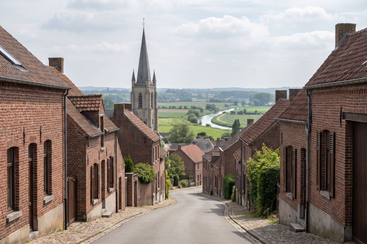 Bousbecque : village flamand en brique avec clocher, vallée de la Lys (image générée par IA)