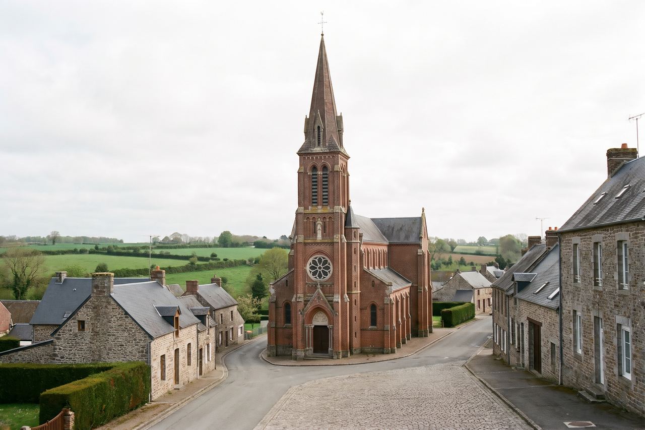Bouvines : village en brique avec église néogothique (image générée par IA)
