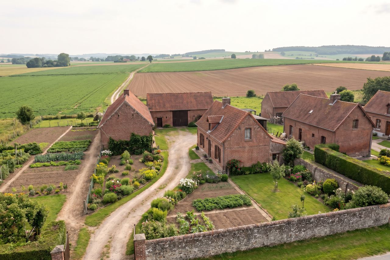 Carnin : petit village en brique, jardins et champs (image générée par IA)
