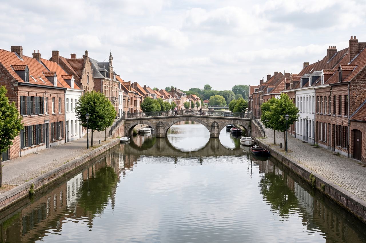 Comines : la Lys, un pont et des maisons en brique sur les deux rives (image générée par IA)
