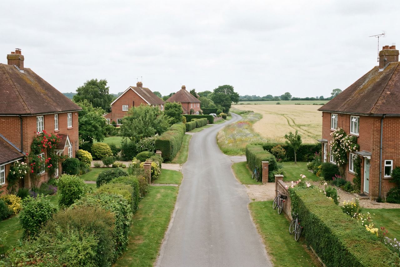 Ennevelin : maisons individuelles avec grands jardins sur une route arborée (image générée par IA)