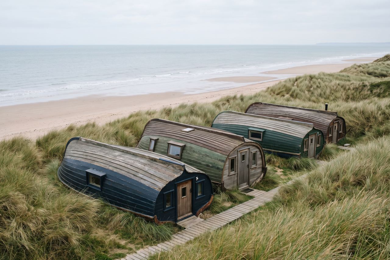 Équihen-Plage : maisons faites de coques de bateaux retournées sur les dunes (image générée par IA)