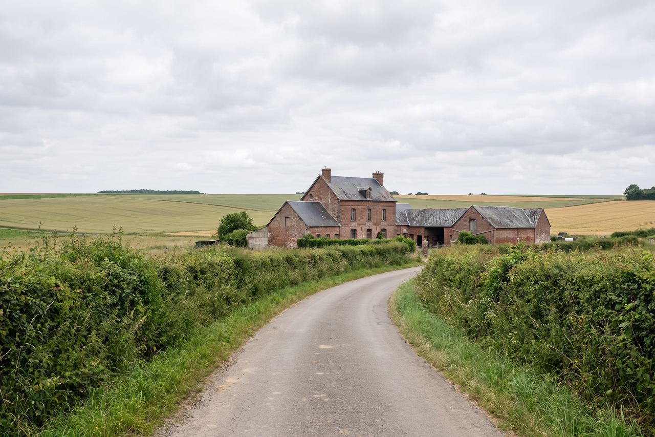 Erquinghem-le-Sec : chemin rural, ferme en brique et grands champs (image générée par IA)