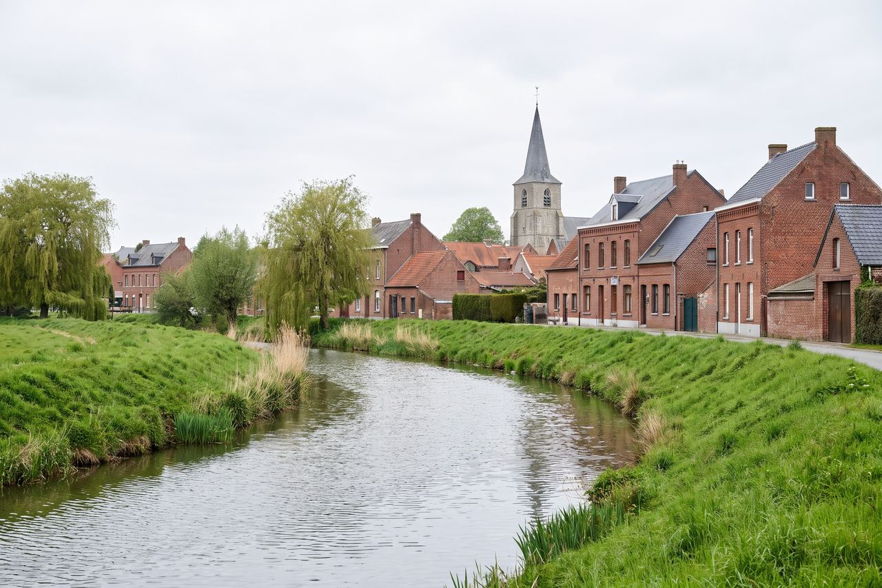 Erquinghem-Lys : la Lys et un village en brique avec clocher (image générée par IA)