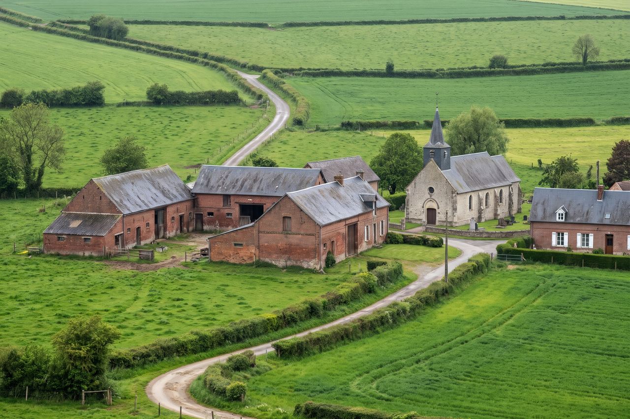 Escobecques : ferme en brique et petite église dans les champs (image générée par IA)