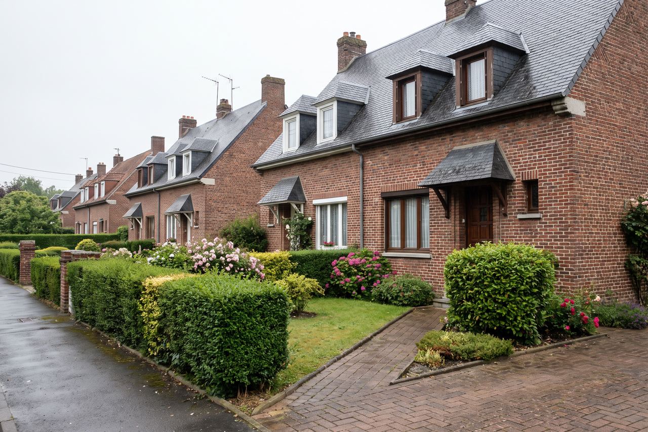 Faches-Thumesnil : maisons jumelées en brique avec jardinets (image générée par IA)