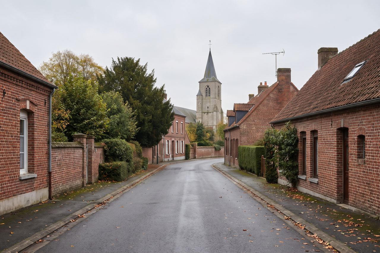 Fournes-en-Weppes : maisons en brique et clocher le long d’une route calme (image générée par IA)