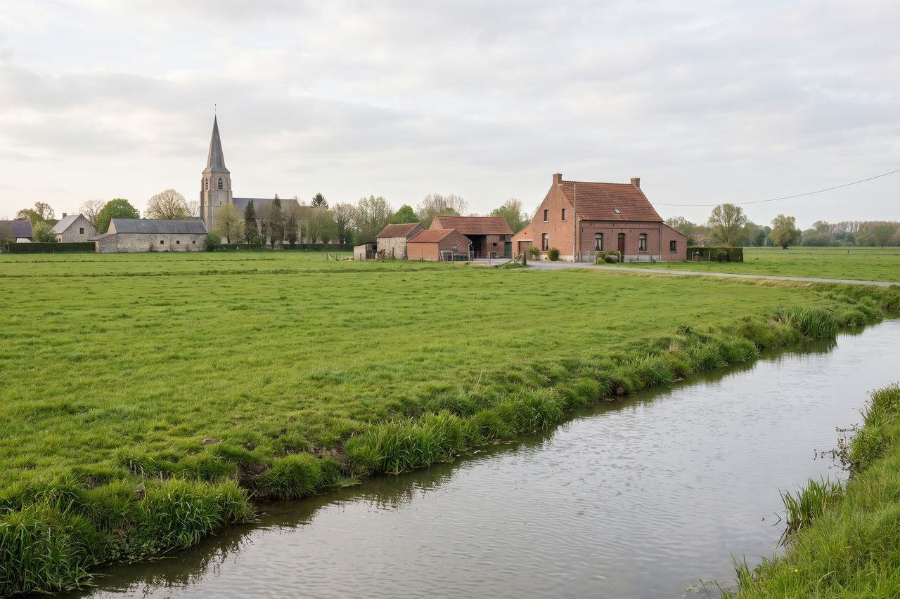 Frelinghien : prairies au bord de la Lys, ferme en brique et clocher (image générée par IA)