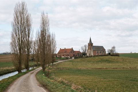 Fromelles : campagne flamande avec rangées de peupliers et ferme en brique (image générée par IA)