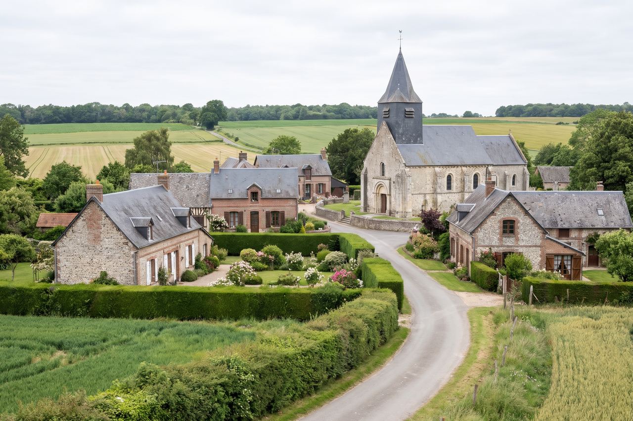 Genech : petit village en brique avec église et haies (image générée par IA)