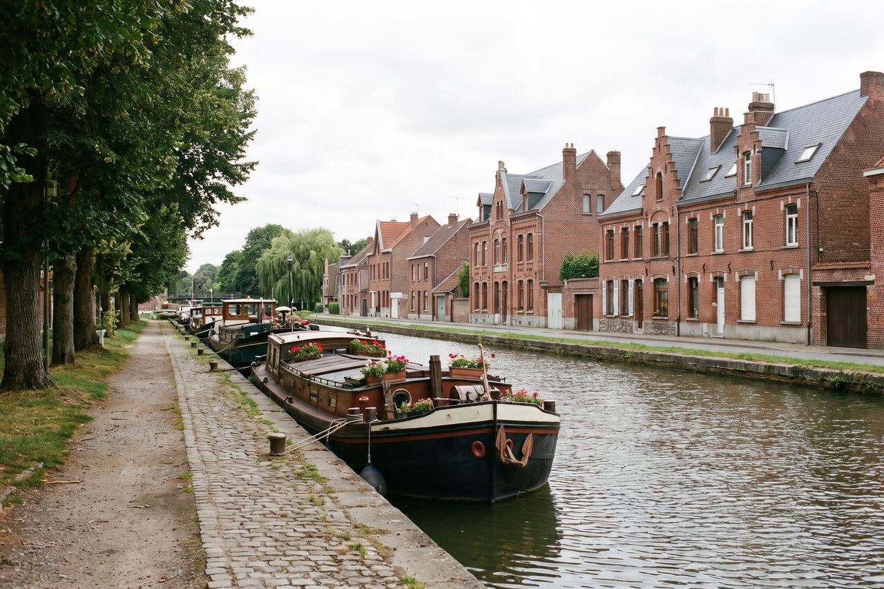 Haubourdin : la Deûle et les maisons en brique de ses berges (image générée par IA)