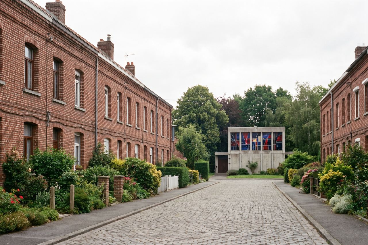 Hem : rue résidentielle et petite chapelle moderne aux vitraux colorés (image générée par IA)