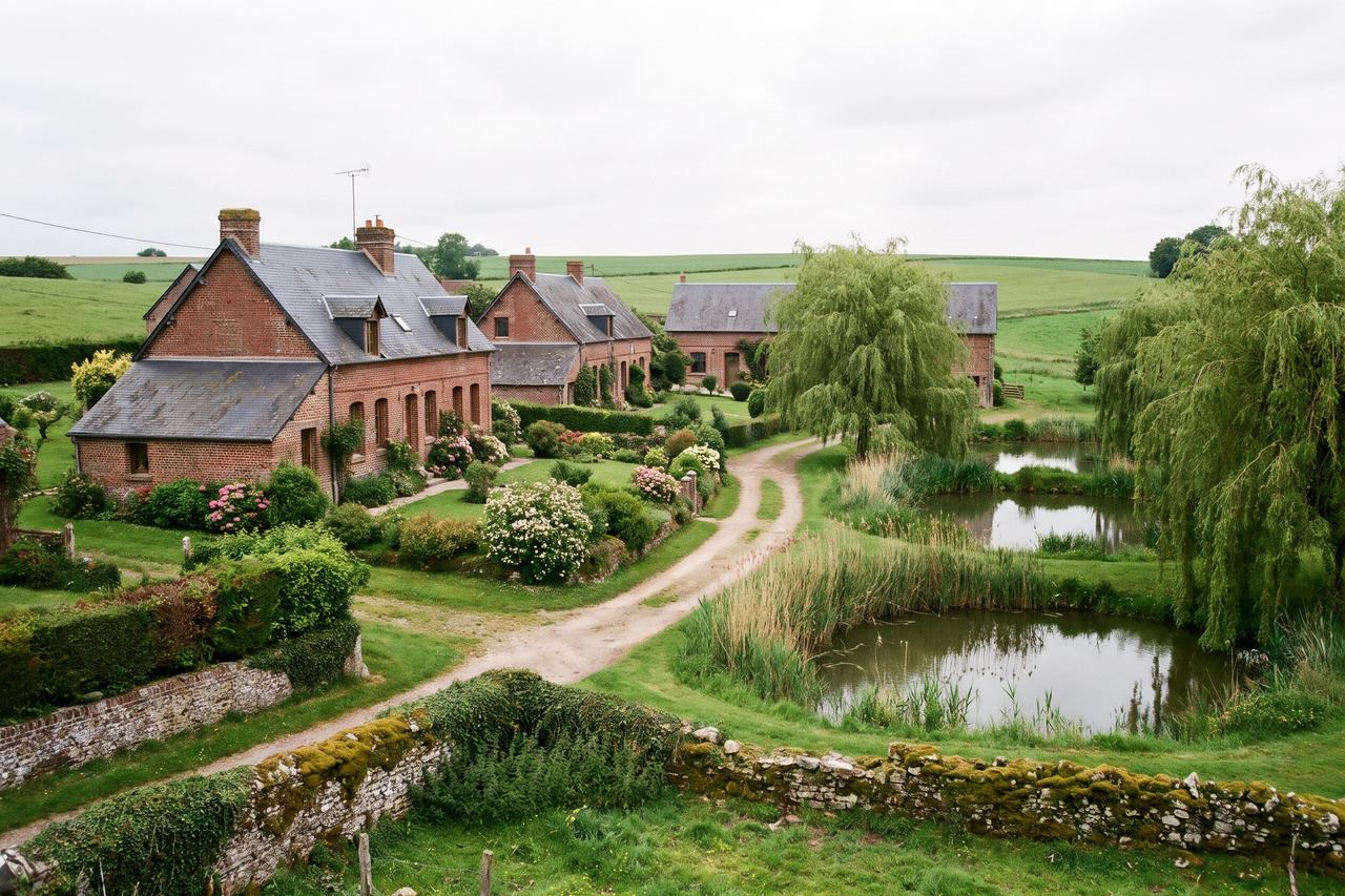 Houplin-Ancoisne : maisons de village près de petits étangs (image générée par IA)