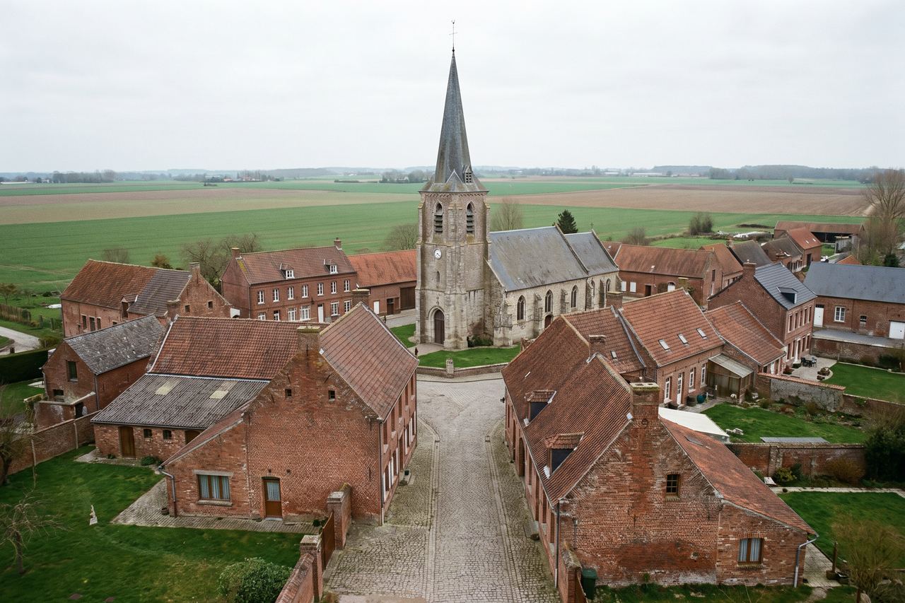 Illies : maisons de village autour d’une église à haute tour (image générée par IA)