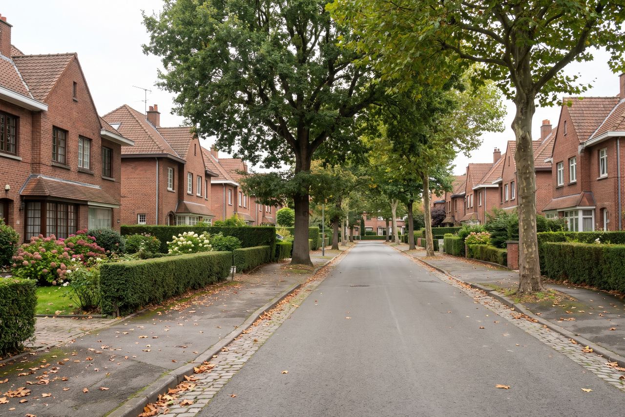 Lambersart : rue de maisons en brique des années 30 avec jardins (image générée par IA)