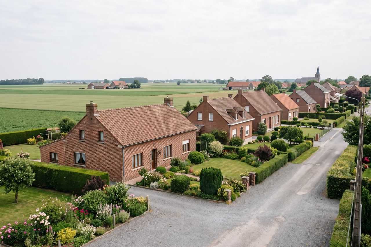 Leers : maisons en brique en bordure de champs (image générée par IA)