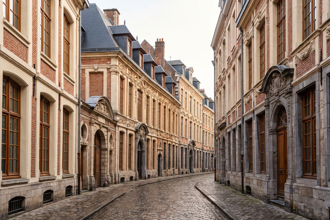 Lille : façades flamandes d’une rue pavée du Vieux-Lille (image générée par IA)