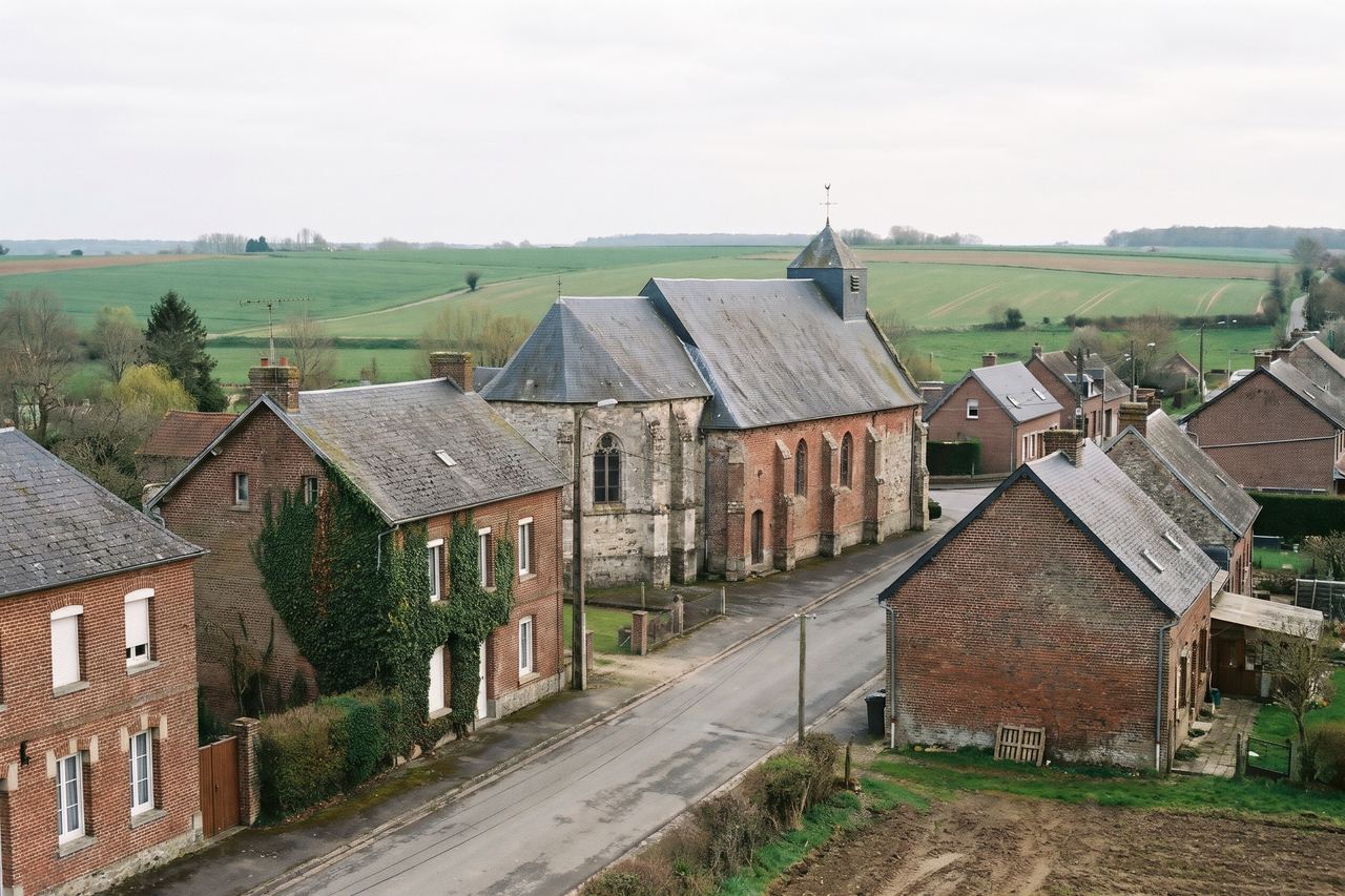 Linselles : église en brique et maisons d’un bourg (image générée par IA)