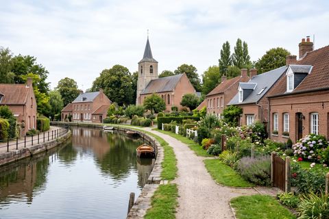 Lompret : village en brique avec église et chemins le long de la Deûle (image générée par IA)