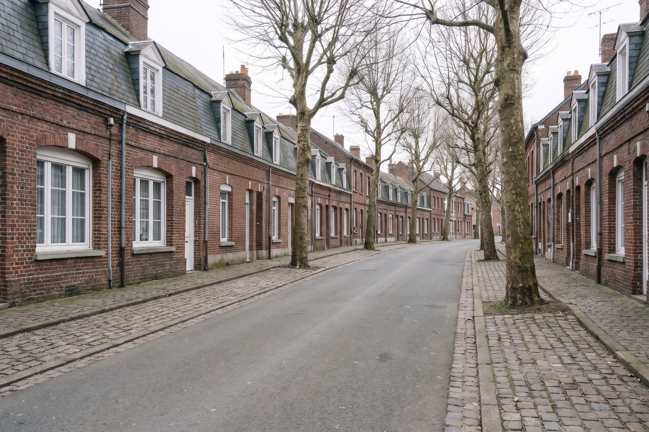 Lys-lez-Lannoy : maisons en brique alignées sur une rue calme (image générée par IA)