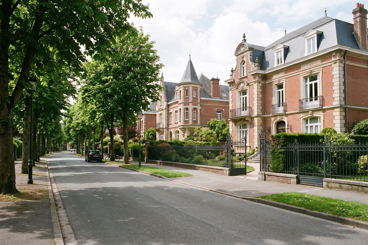Marcq-en-Barœul : avenue arborée bordée de grandes maisons bourgeoises (image générée par IA)