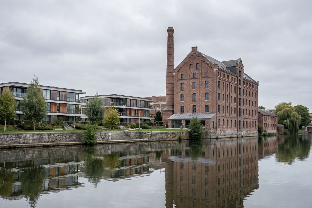 Marquette-lez-Lille : berges de la Deûle, ancien moulin en brique et résidences (image générée par IA)