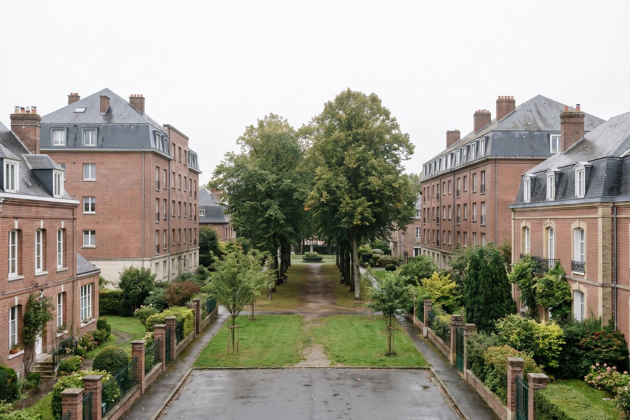 Mons-en-Barœul : quartier résidentiel vert, maisons et immeubles autour d’un parc (image générée par IA)