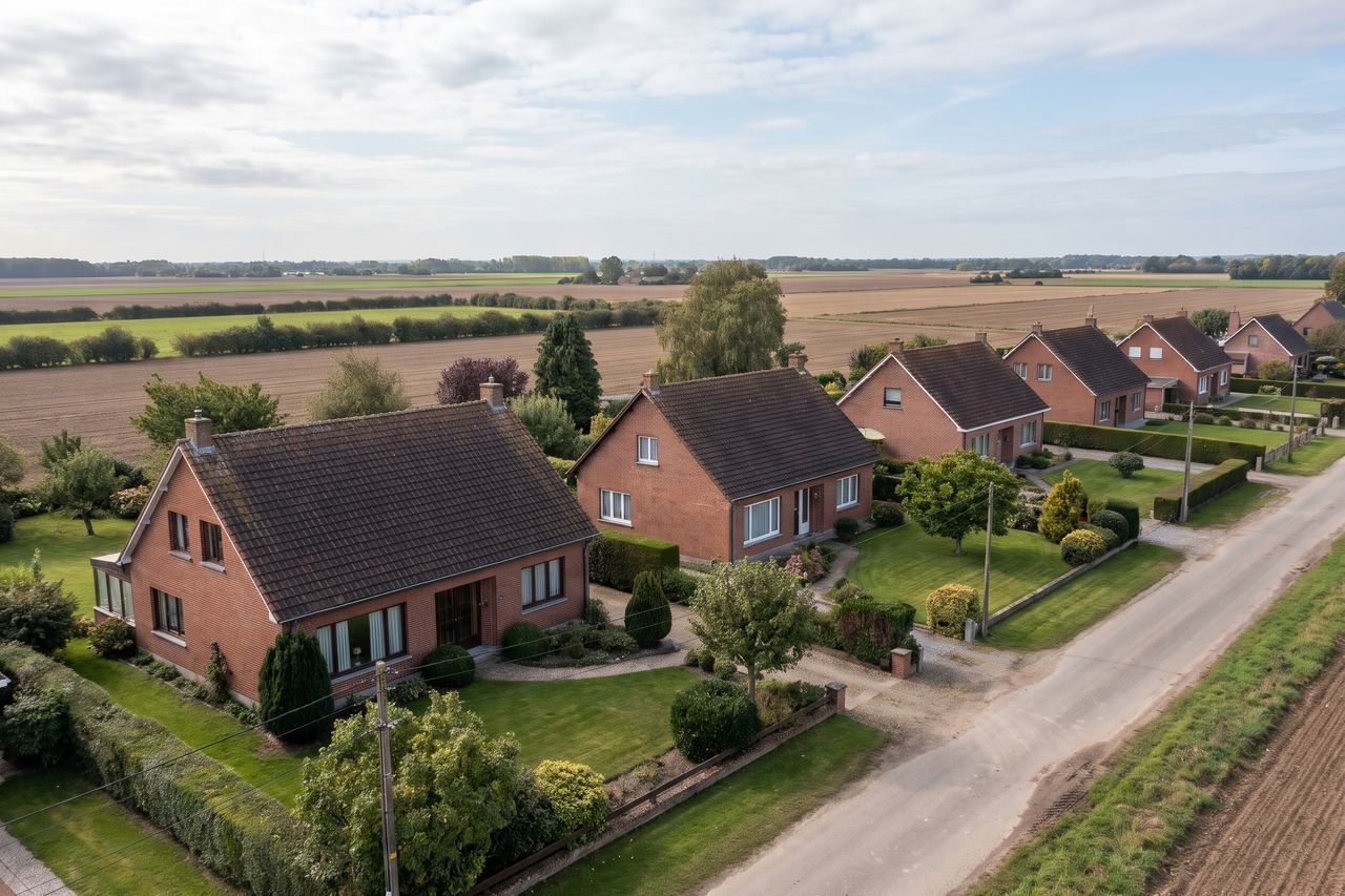 Neuville-en-Ferrain : maisons familiales en brique près des champs (image générée par IA)