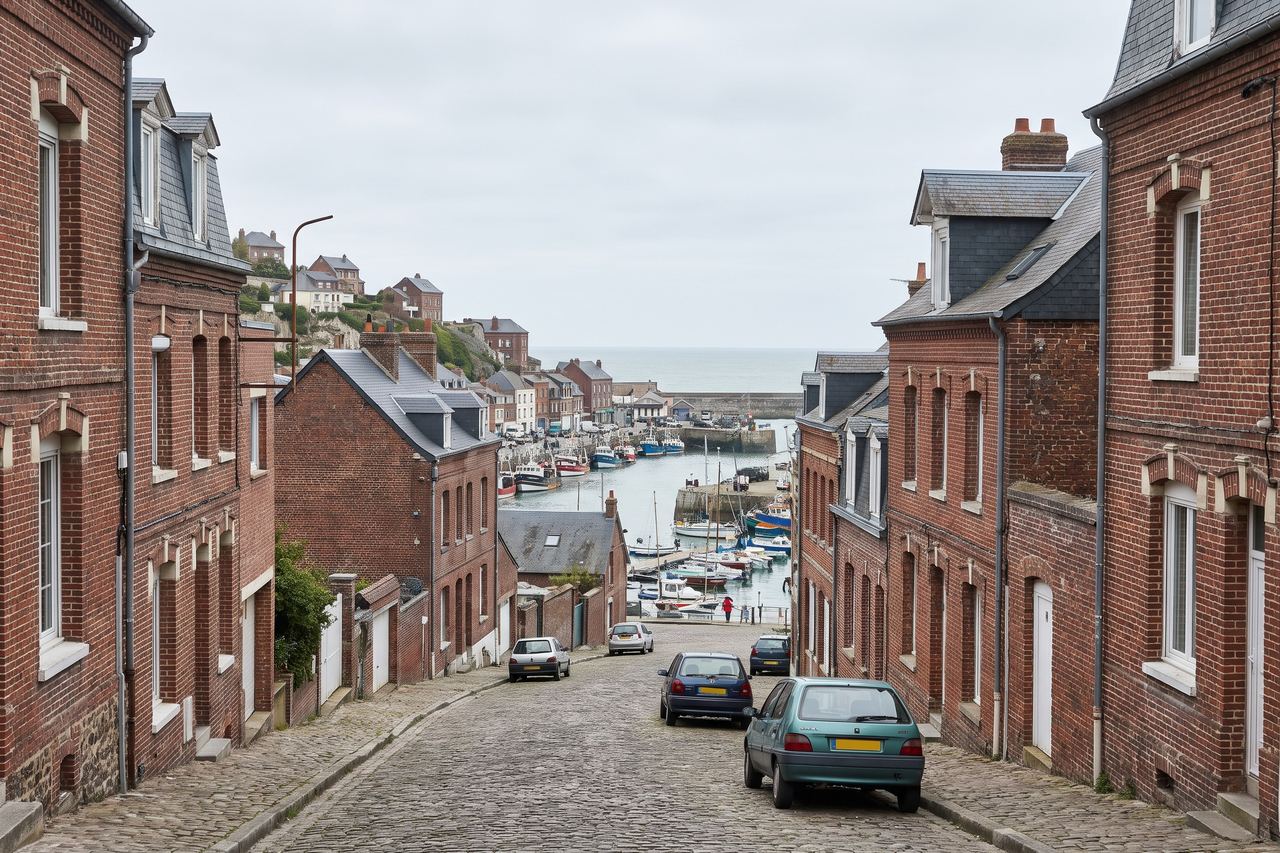 Outreau : rues en hauteur dominant le port et la mer (image générée par IA)