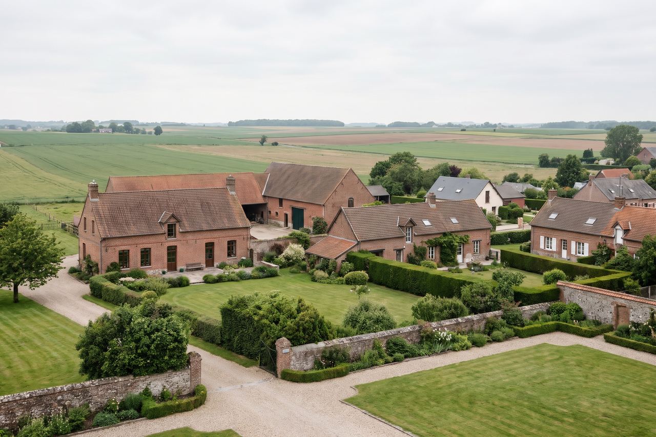 Péronne-en-Mélantois : fermes et maisons avec grands jardins, champs ouverts (image générée par IA)
