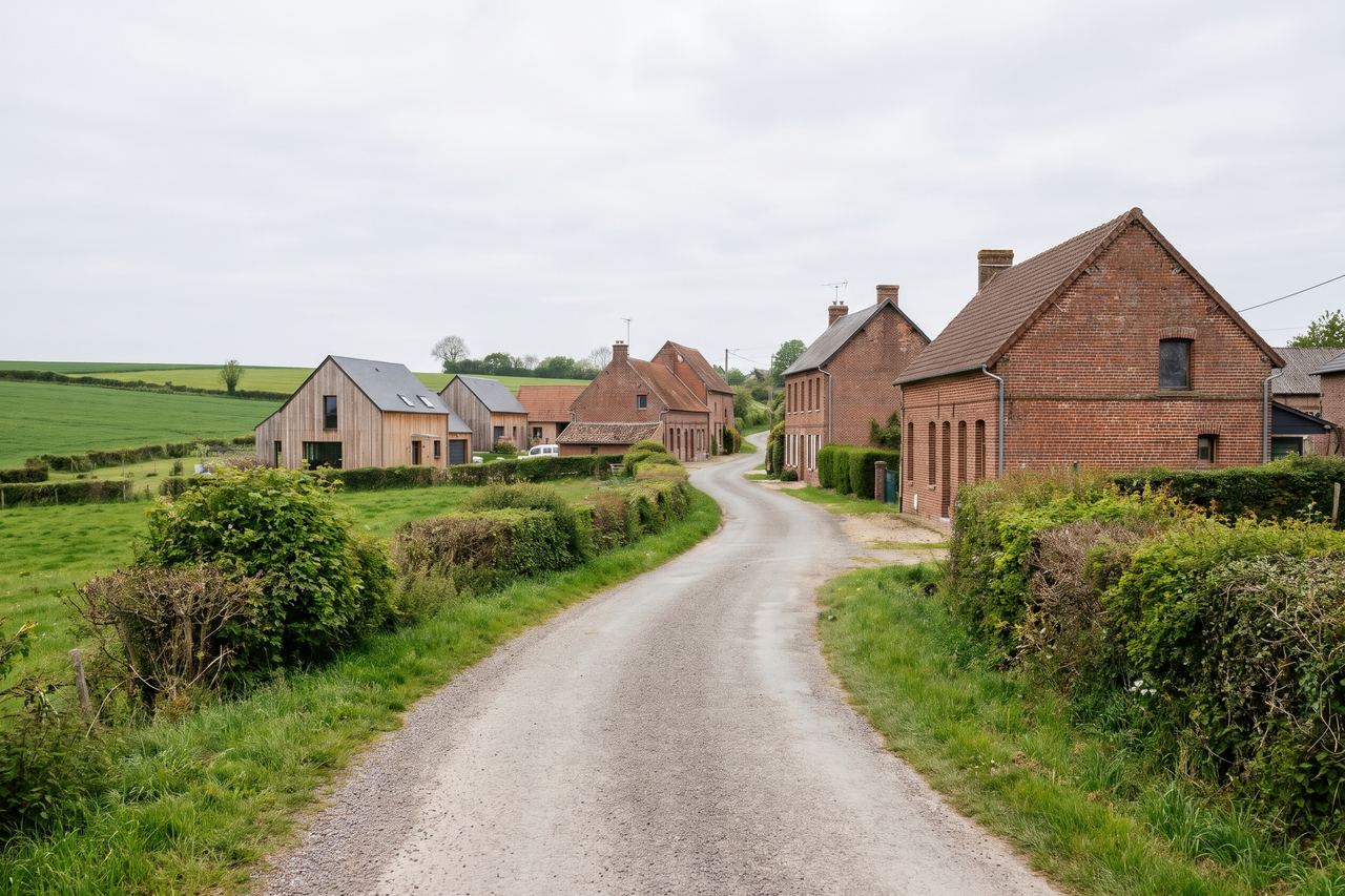 Prémesques : chemin de campagne avec fermes et maisons récentes (image générée par IA)
