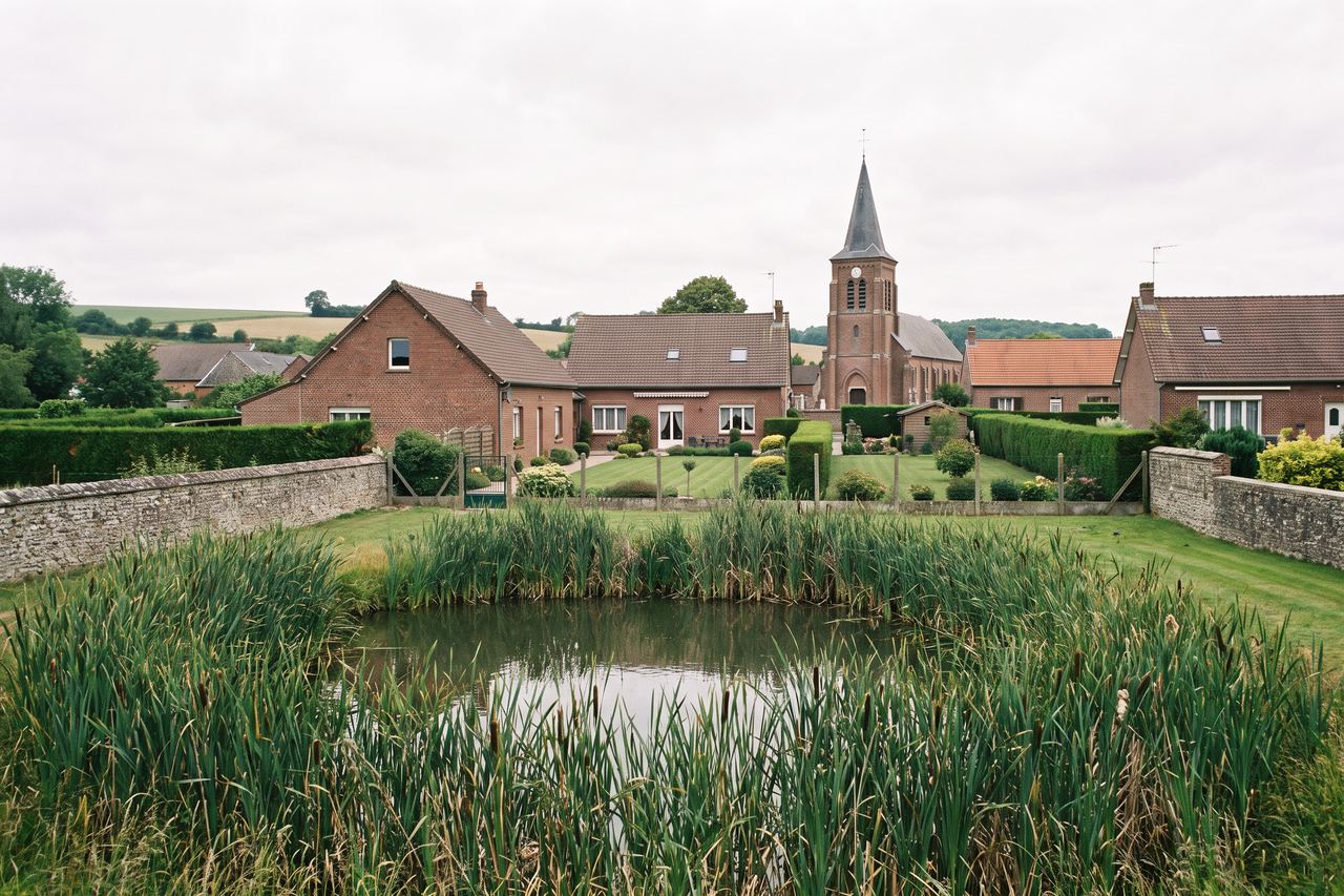Provin : maisons en brique avec jardins et étang (image générée par IA)