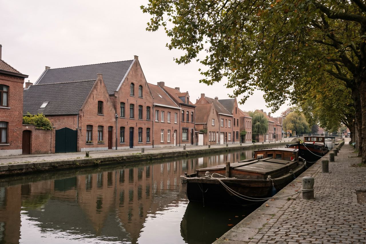 Quesnoy-sur-Deûle : maisons en brique au bord du canal de la Deûle (image générée par IA)