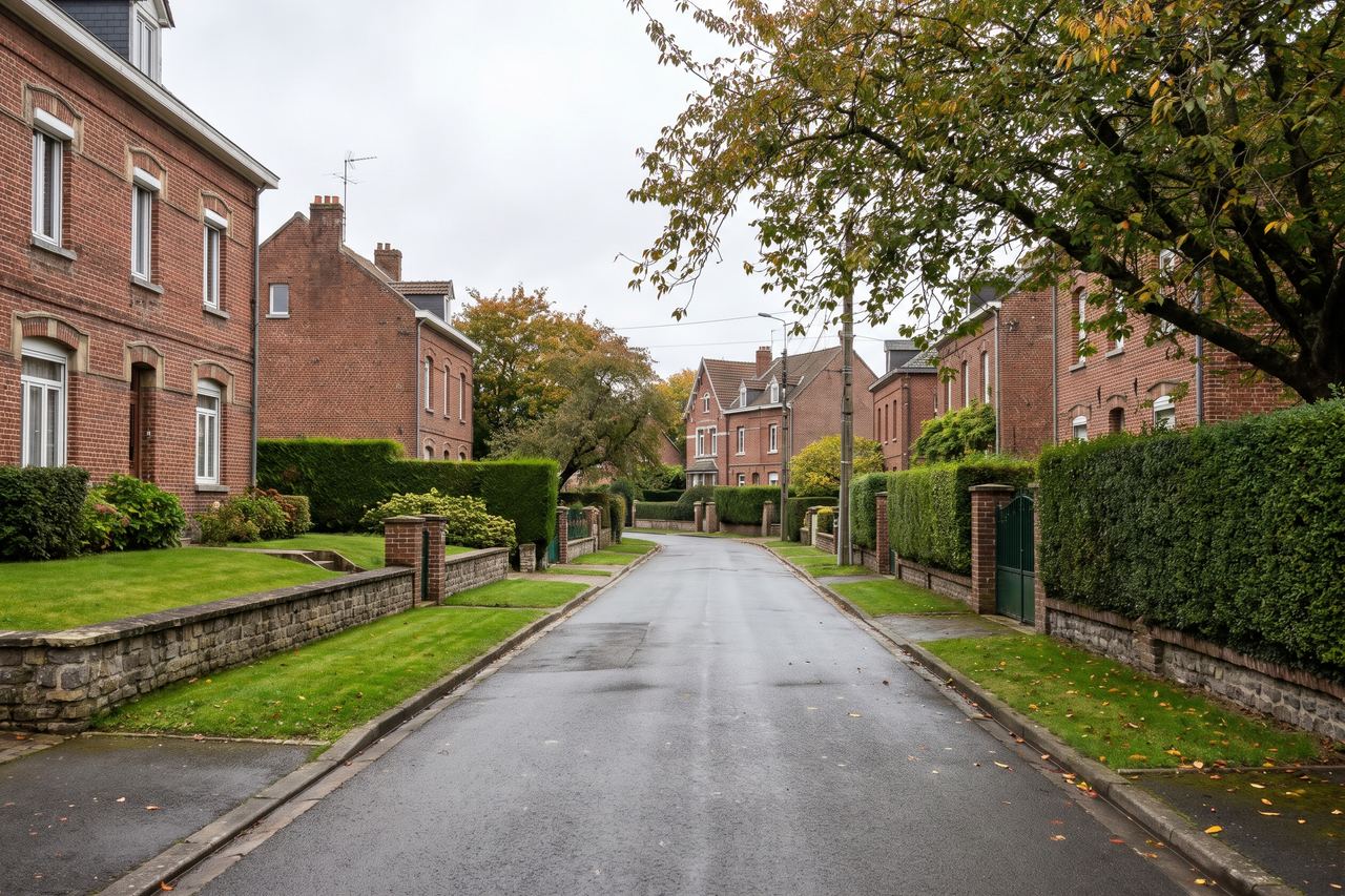 Roncq : villas en brique, haies et pelouses (image générée par IA)