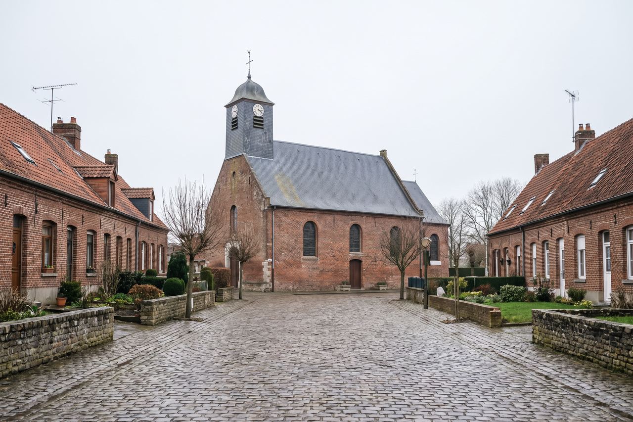 Toufflers : petite place avec église en brique (image générée par IA)