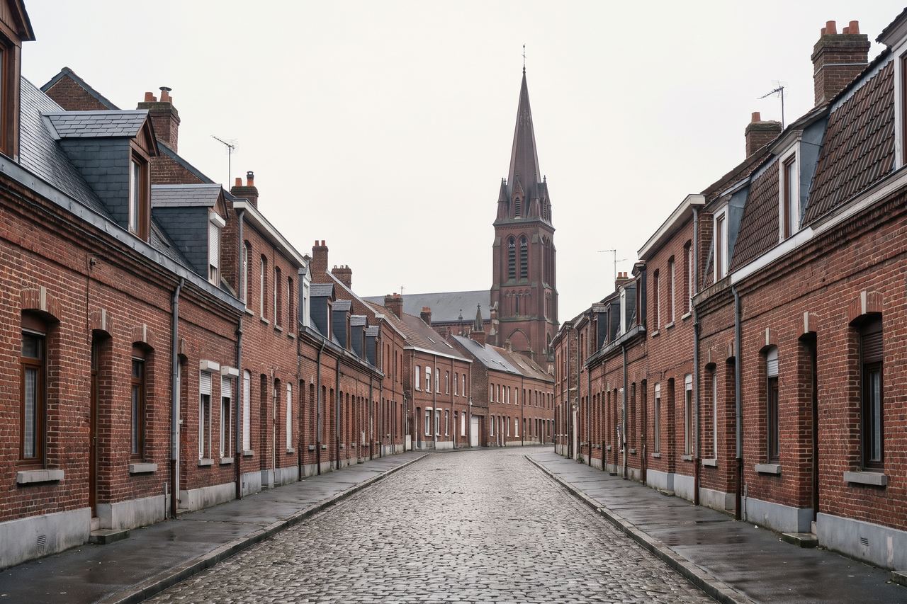 Tourcoing : rue de maisons en brique et clocher d’église (image générée par IA)