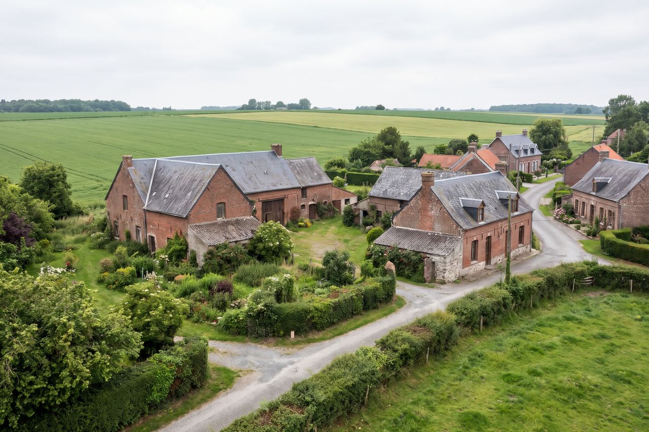 Verlinghem : fermes et maisons avec grands jardins dans les champs (image générée par IA)