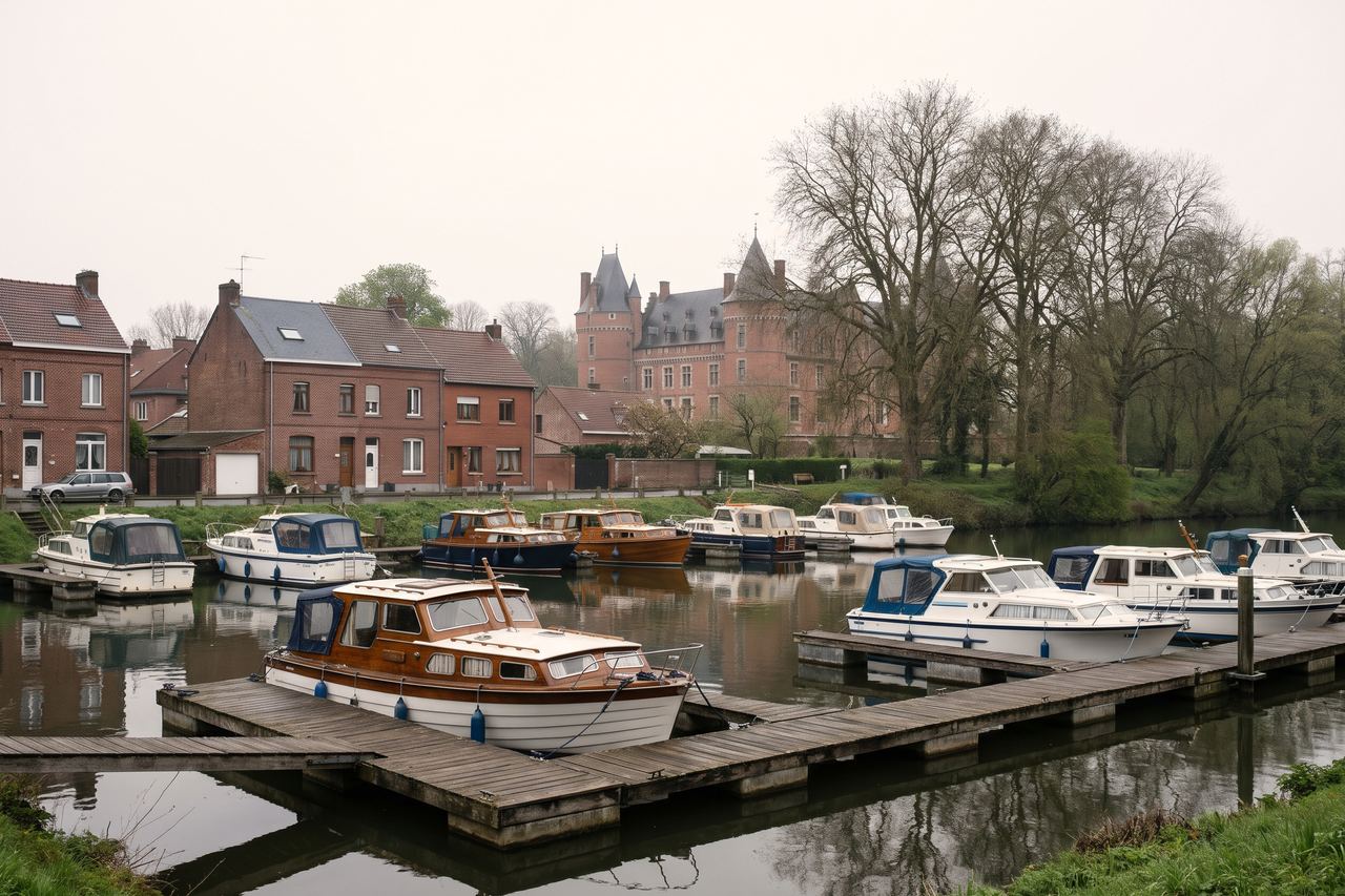 Wambrechies : port de plaisance sur la Deûle et maisons en brique (image générée par IA)
