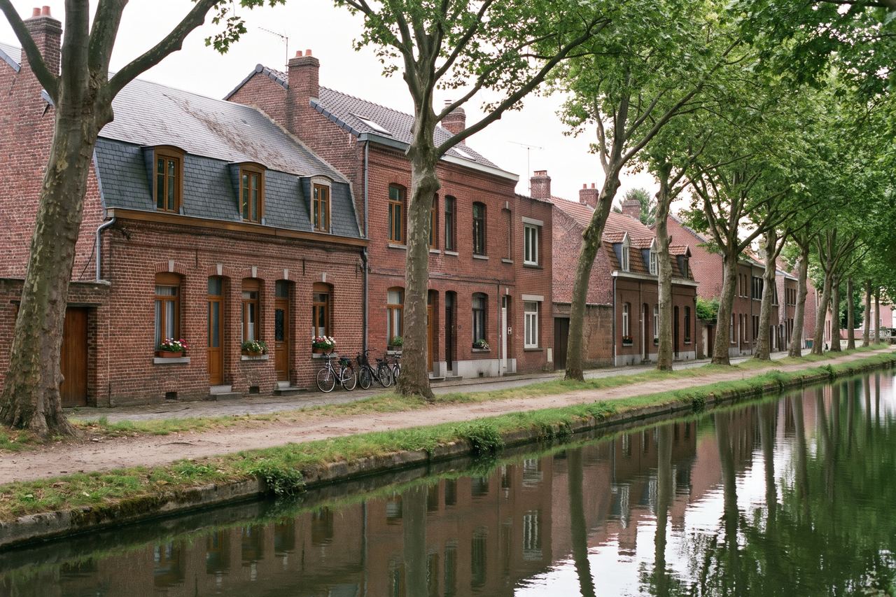 Wasquehal : maisons en brique le long d’un canal arboré (image générée par IA)