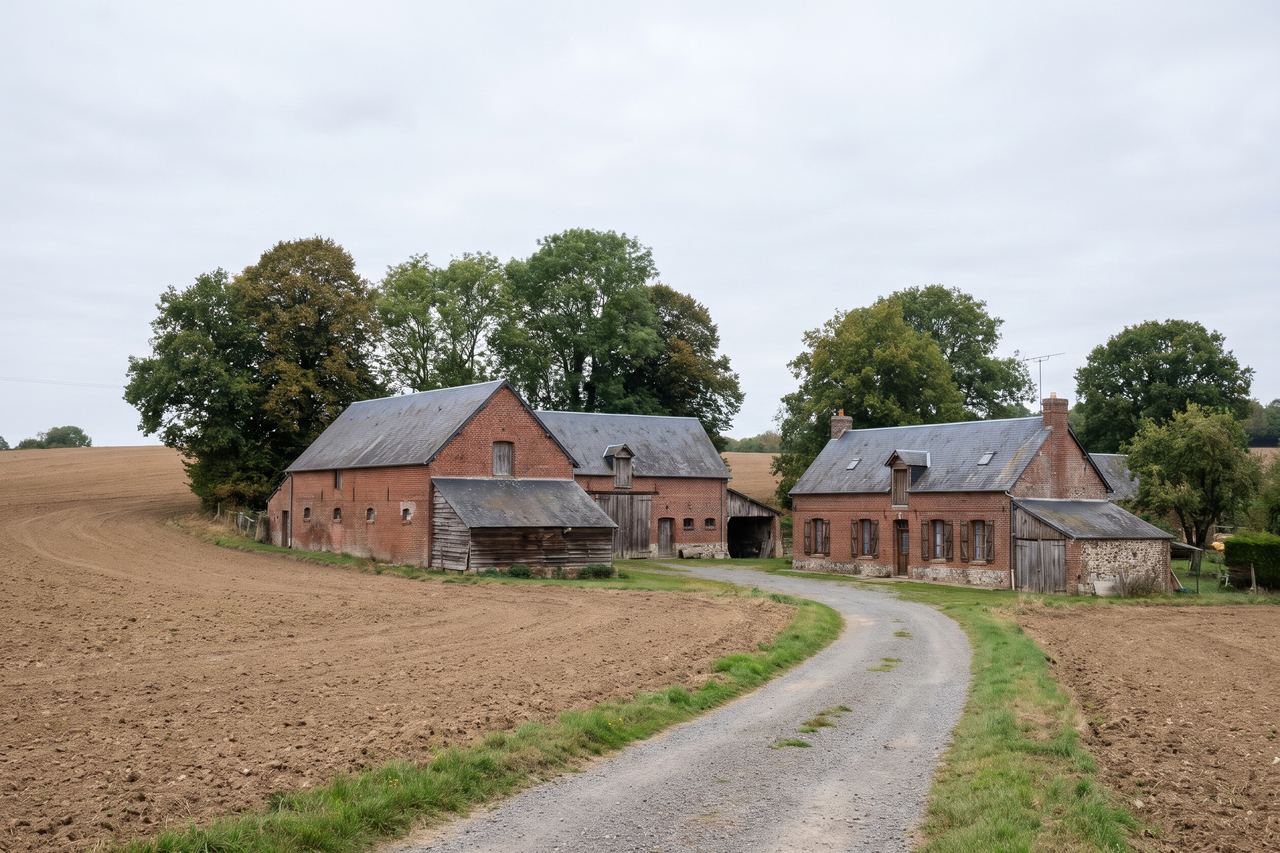 Wavrin : fermes et maisons en brique entre champs et bois (image générée par IA)