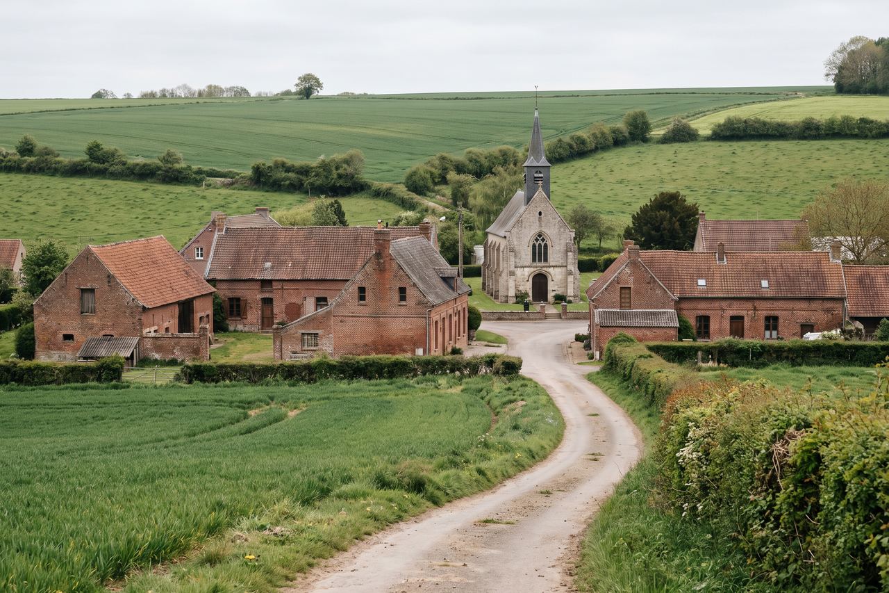 Wicres : village de fermes en brique et église dans les champs (image générée par IA)