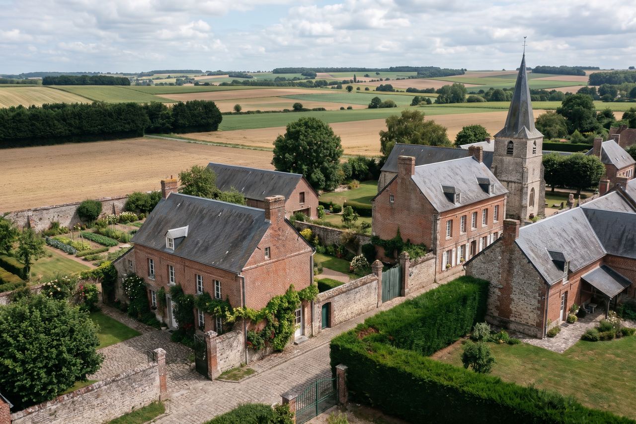 Willems : maisons de village et église, champs et haies (image générée par IA)
